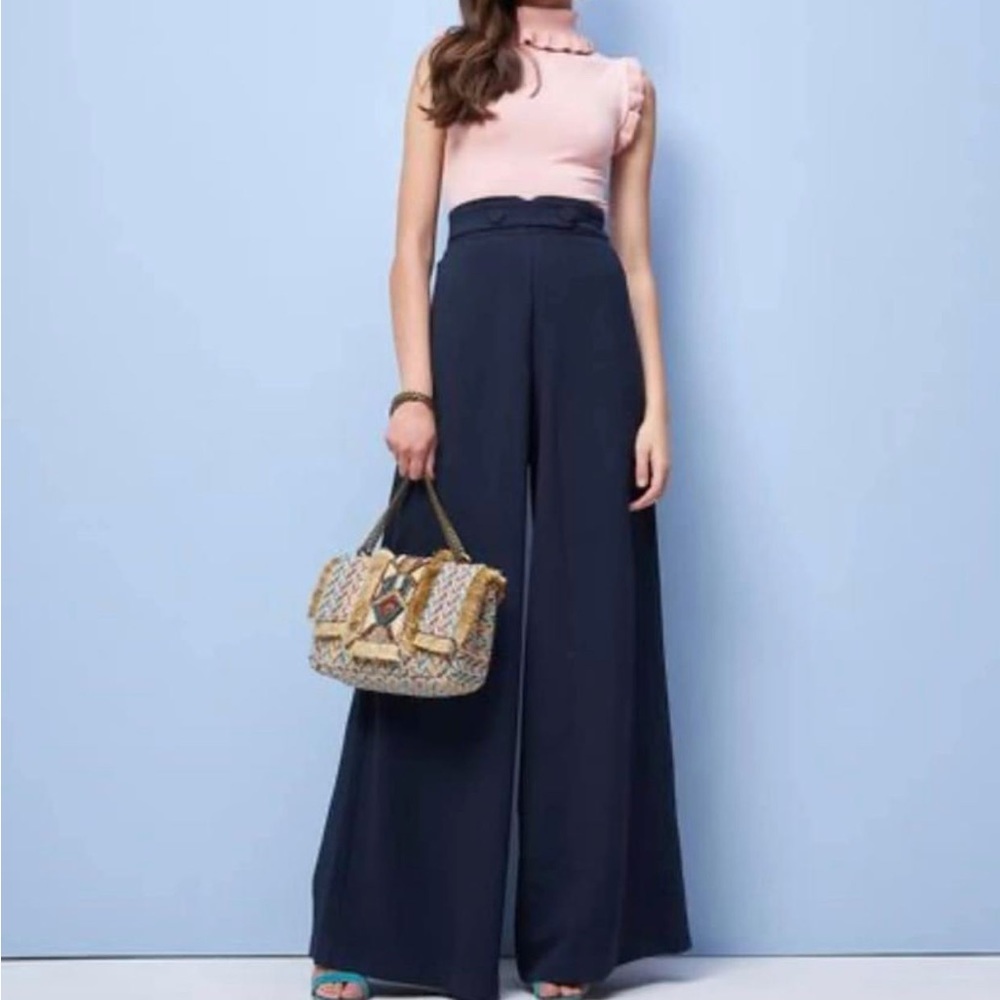 Navy blue tailored pants.